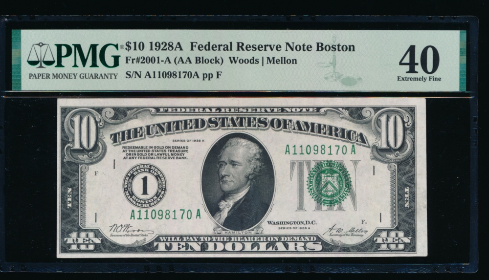 Fr. 2001-A 1928A $10  Federal Reserve Note Boston PMG 40 A11098170A obverse