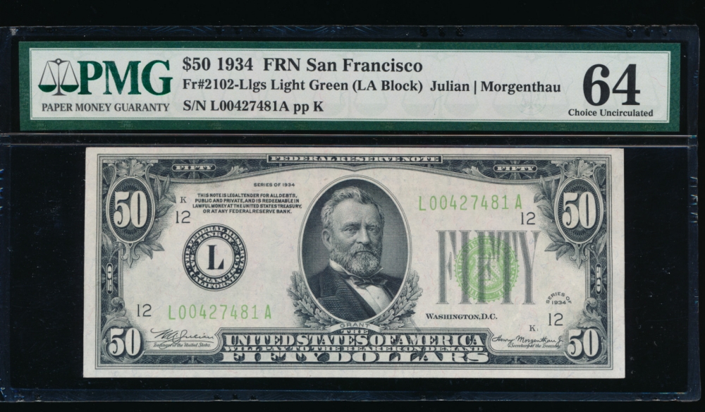 Fr. 2102-L 1934 $50  Federal Reserve Note San Francisco LGS PMG 64 comment L00427481A