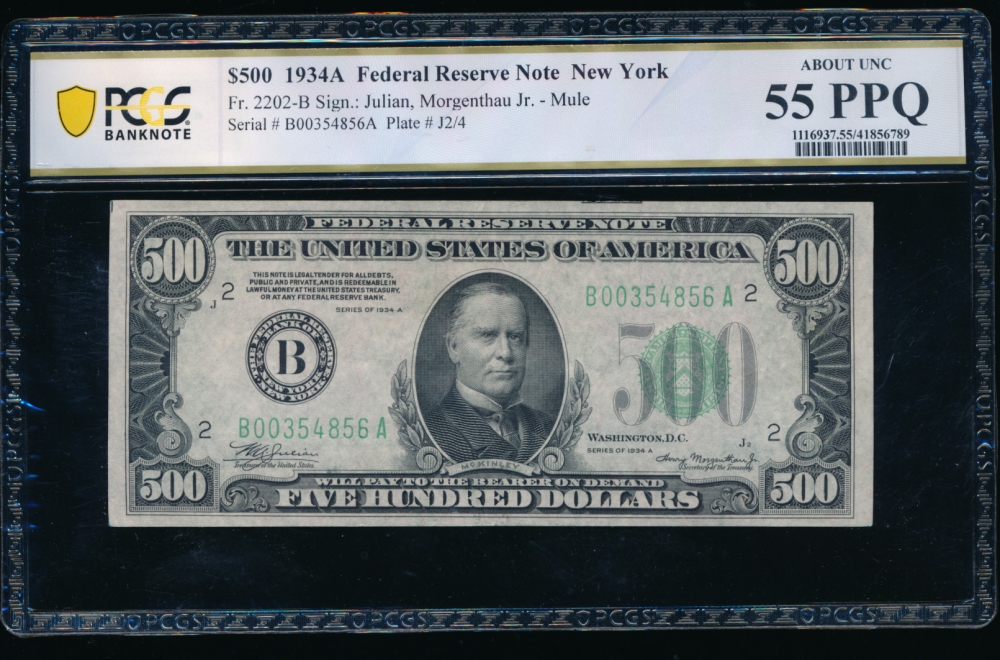 Fr. 2202-B 1934A $500  Federal Reserve Note New York PCGS 55PPQ B00354856A