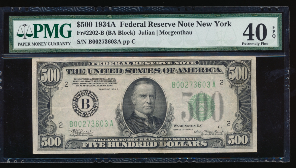 Fr. 2202-B 1934A $500  Federal Reserve Note New York PMG 40EPQ B00273603A obverse