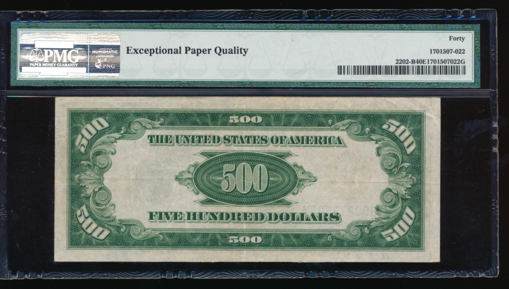 Fr. 2202-B 1934A $500  Federal Reserve Note New York PMG 40EPQ B00273603A reverse