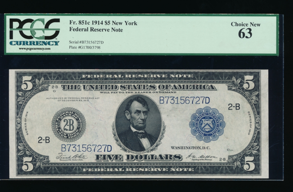 Fr. 851c 1914 $5  Federal Reserve Note New York PCGS 63 B73156727D