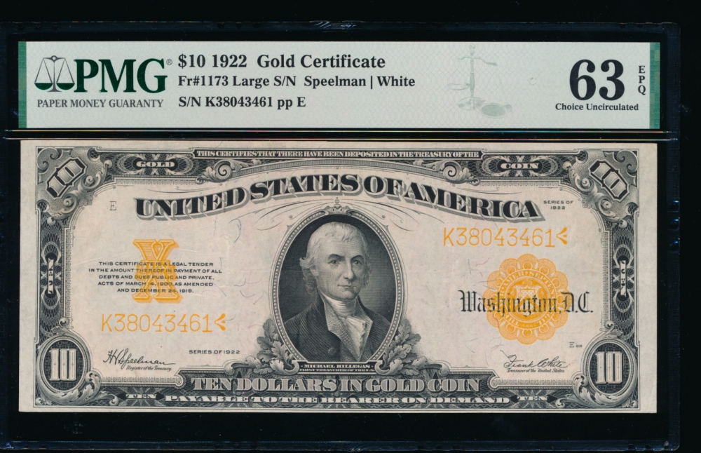 Fr. 1173 1922 $10  Gold Certificate  PMG 63EPQ K38043461