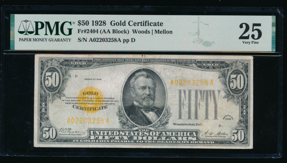 Fr. 2404 1928 $50  Gold Certificate  PMG 25 A02203258A