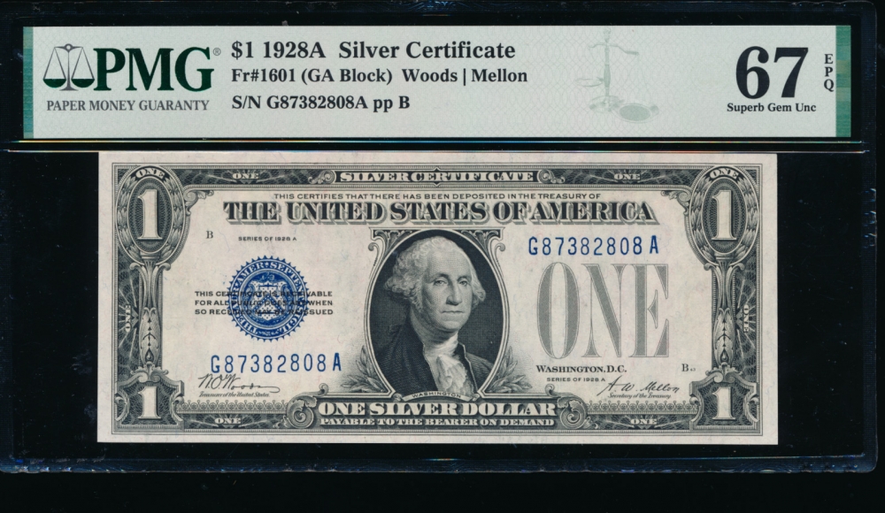 Fr. 1601 1928A $1  Silver Certificate GA block PMG 67EPQ G87382808A obverse