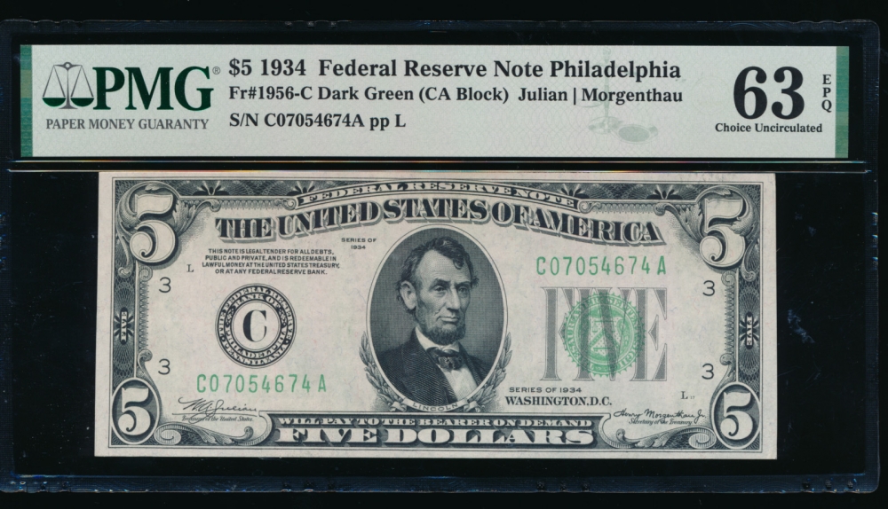 Fr. 1956-C 1934 $5  Federal Reserve Note Philadelphia PMG 63EPQ C07054674A