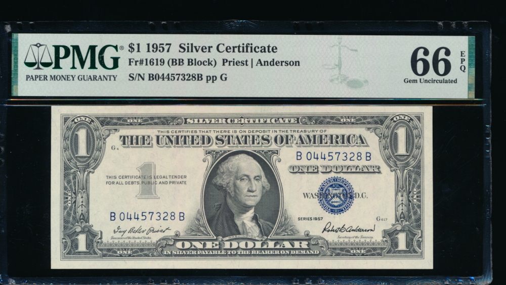 Fr. 1619 1957 $1  Silver Certificate BB block PMG 66EPQ B04457328B