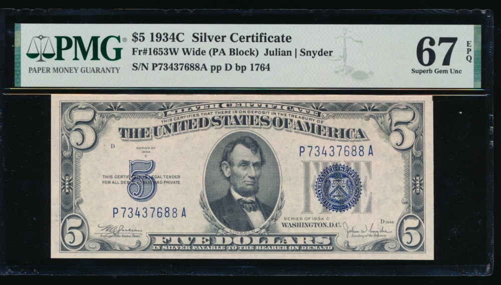 Fr. 1653 1934C $5  Silver Certificate Wide, PA block PMG 67EPQ P73437688A