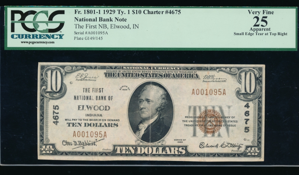 Fr. 1801-1 1929 $10  National: Type II Ch #4675 The First National Bank of Elwood, IN PCGS-C 25 apparent A001095A