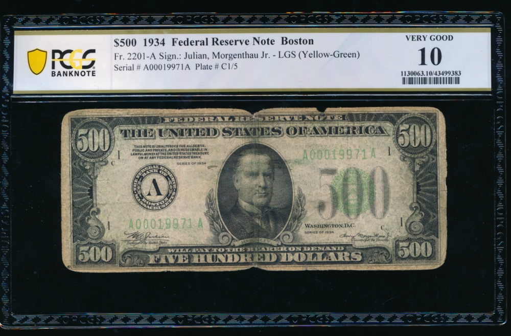 Fr. 2201-A 1934 $500  Federal Reserve Note Boston PCGS 10 comment A00019971A obverse