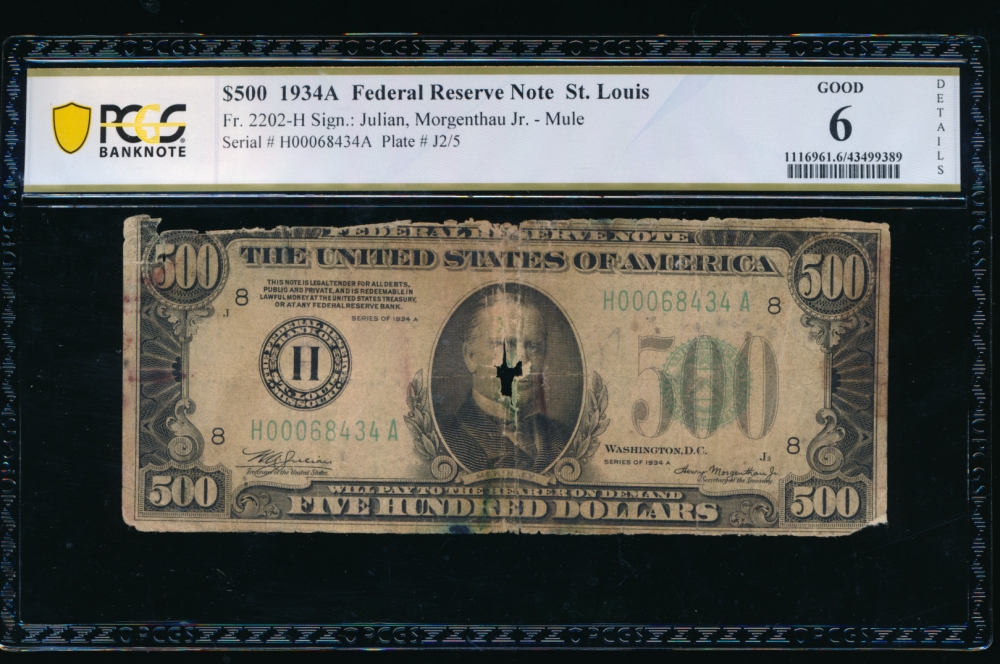 Fr. 2202-H 1934A $500  Federal Reserve Note Saint Louis LGS PCGS 6 details H00068434A