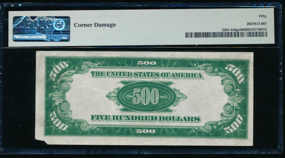 Fr. 2201-D 1934 $500  Federal Reserve Note Cleveland PMG 50 comment D00016717A reverse