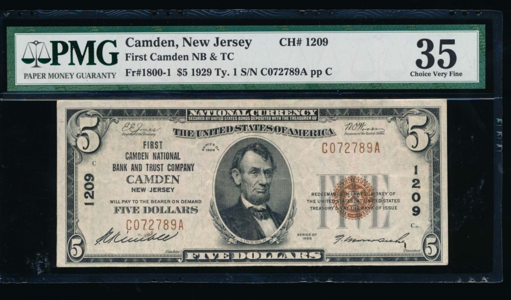 Fr. 1800-1 1929 $5  National: Type I Ch #1209 First Camden N B and Trust Company, Camden, New Jersey PMG 35 C072789A