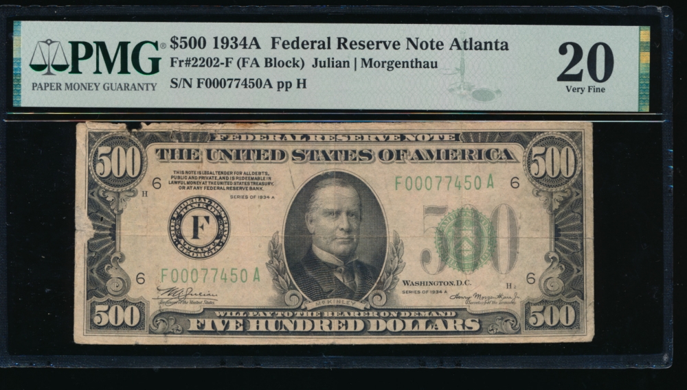 Fr. 2202-F 1934A $500  Federal Reserve Note Atlanta PMG 20 comment F00077450A