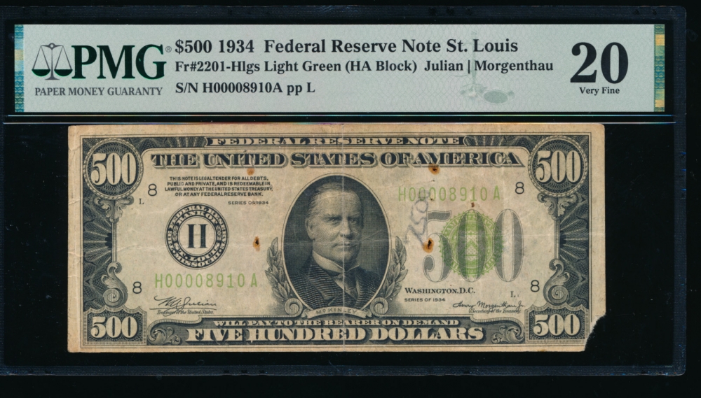 Fr. 2201-H 1934 $500  Federal Reserve Note Saint Louis LGS PMG 20 comment H00008910A obverse