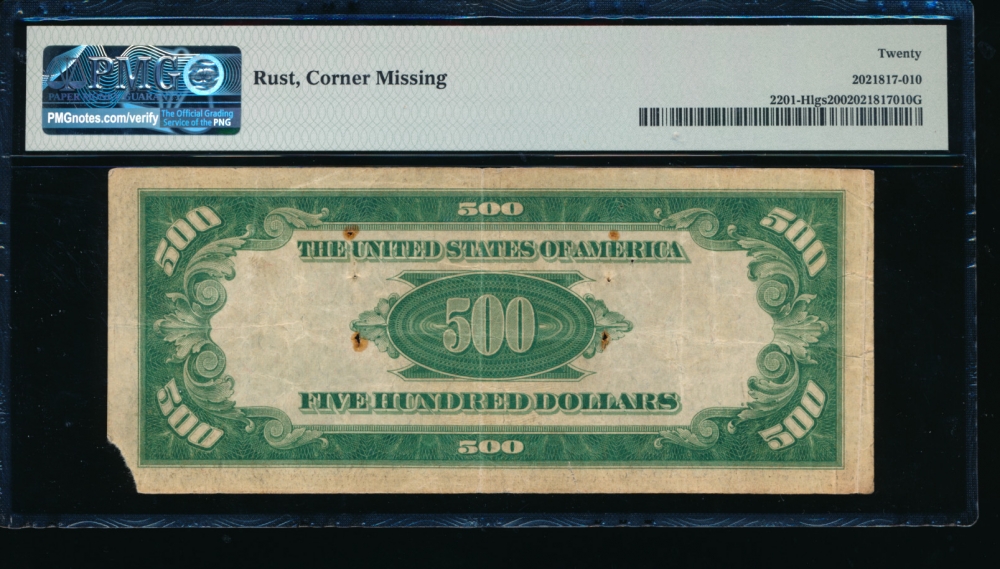 Fr. 2201-H 1934 $500  Federal Reserve Note Saint Louis LGS PMG 20 comment H00008910A reverse