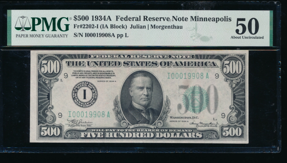 Fr. 2202-I 1934A $500  Federal Reserve Note Minneapolis PMG 50 I00019908A