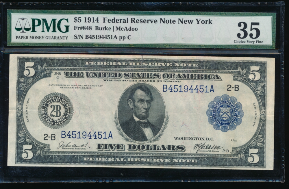 Fr. 848 1914 $5  Federal Reserve Note New York PMG 35 B45194451A