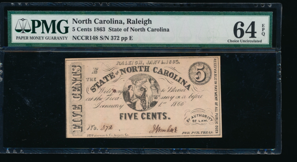 Fr. CR NC-148 1863 $0.05  Obsolete State of North Carolina, Raleigh PMG 64EPQ 372 E