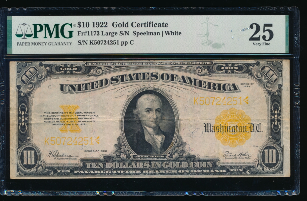 Fr. 1173 1922 $10  Gold Certificate  PMG 25 K50724251