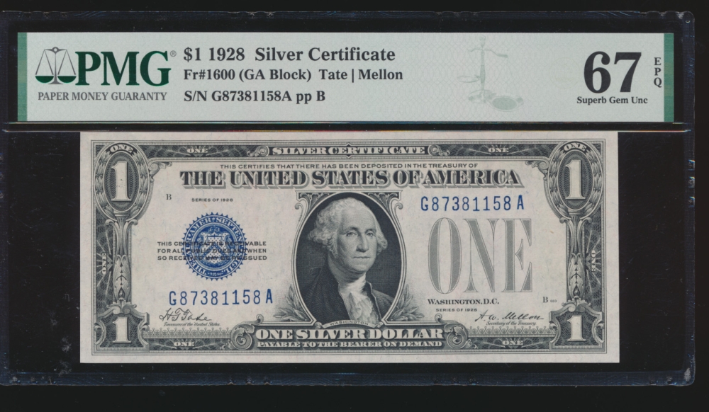 Fr. 1600 1928 $1  Silver Certificate GA block PMG 67EPQ G87381158A obverse