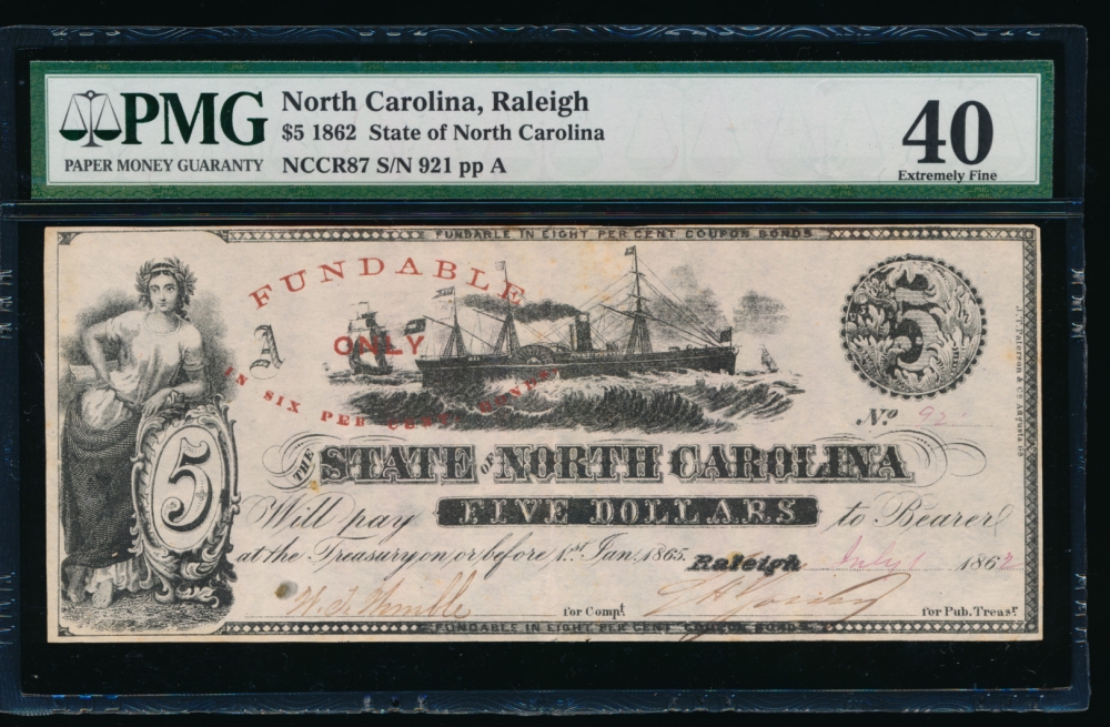 Fr. Cr NC-87 1862 $5  Obsolete State of North Carolina, Raleigh PMG 40 comment 921