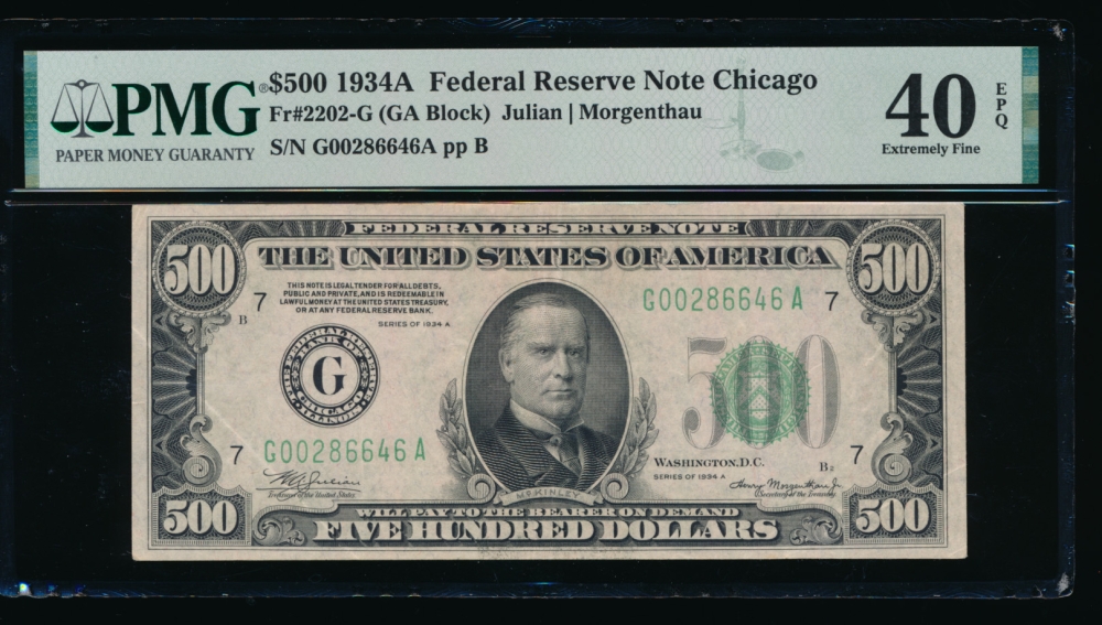 Fr. 2202-G 1934A $500  Federal Reserve Note Chicago PMG 40EPQ G00286646A