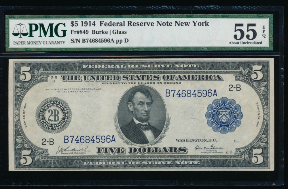 Fr. 849 1914 $5  Federal Reserve Note New York PMG 55EPQ B74684596A