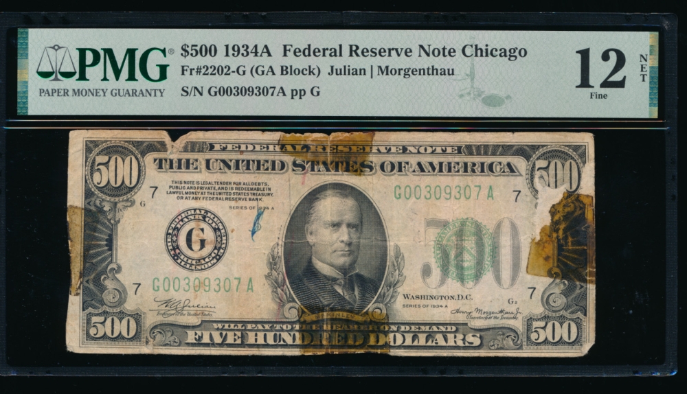 Fr. 2202-G 1934A $500  Federal Reserve Note Chicago PMG 12NET G00309307A