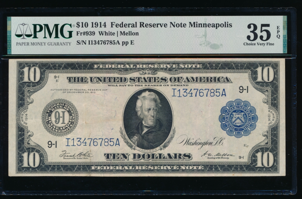 Fr. 939 1914 $10  Federal Reserve Note Minneapolis PMG 35EPQ I13476785A