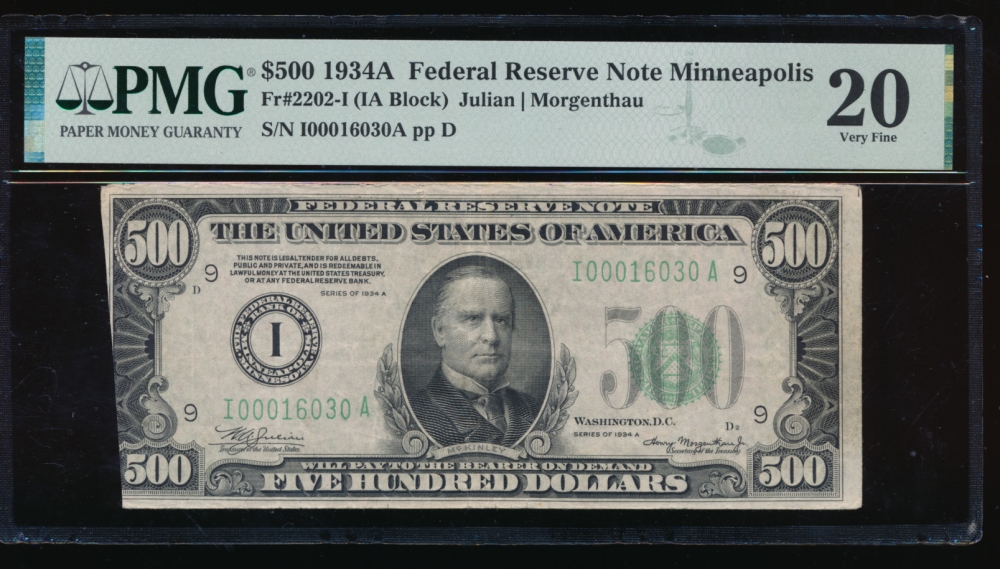 Fr. 2202-I 1934a $500  Federal Reserve Note Minneapolis PMG 20 comment I00016030A