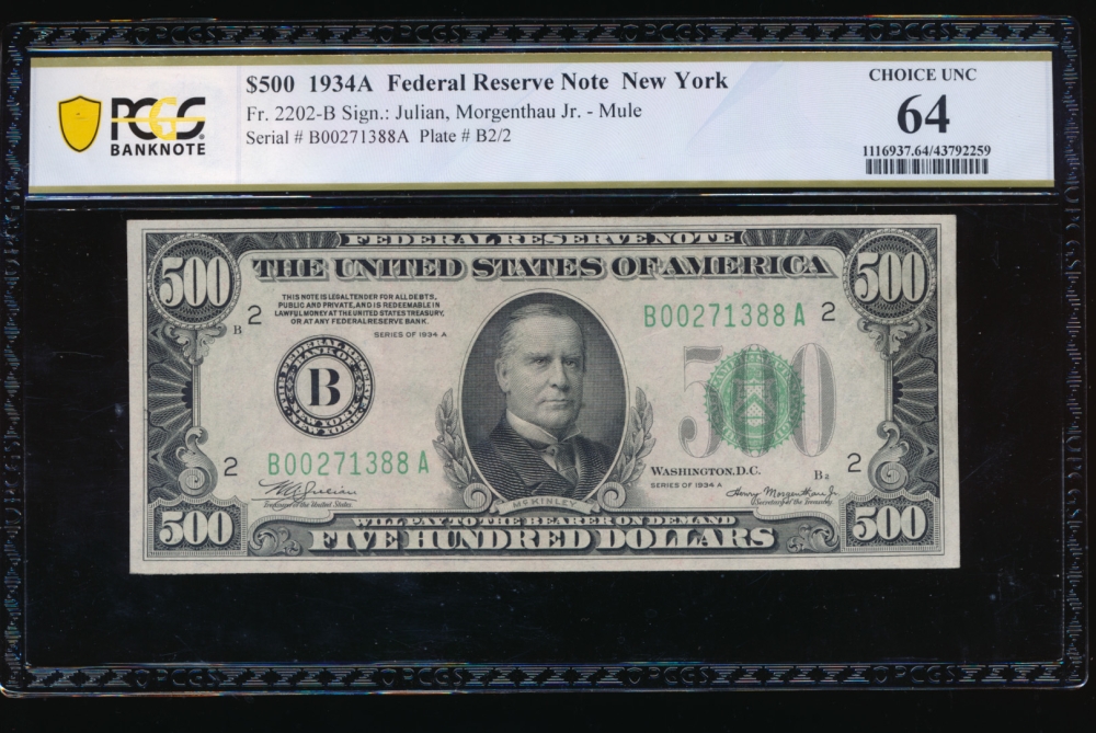 Fr. 2202-B 1934A $500  Federal Reserve Note New York PCGS 64 B00271388A