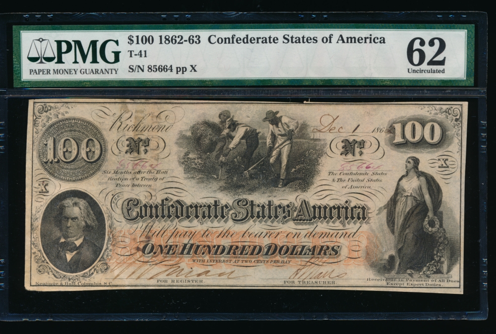 Fr. T-41 1862 $100  Confederate  PMG 62 comment 85664 X
