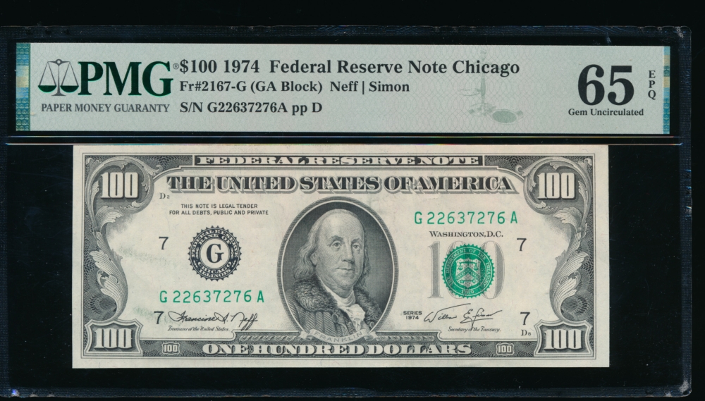 Fr. 2167-G 1974 $100  Federal Reserve Note Chicago PMG 65EPQ G22637276A obverse