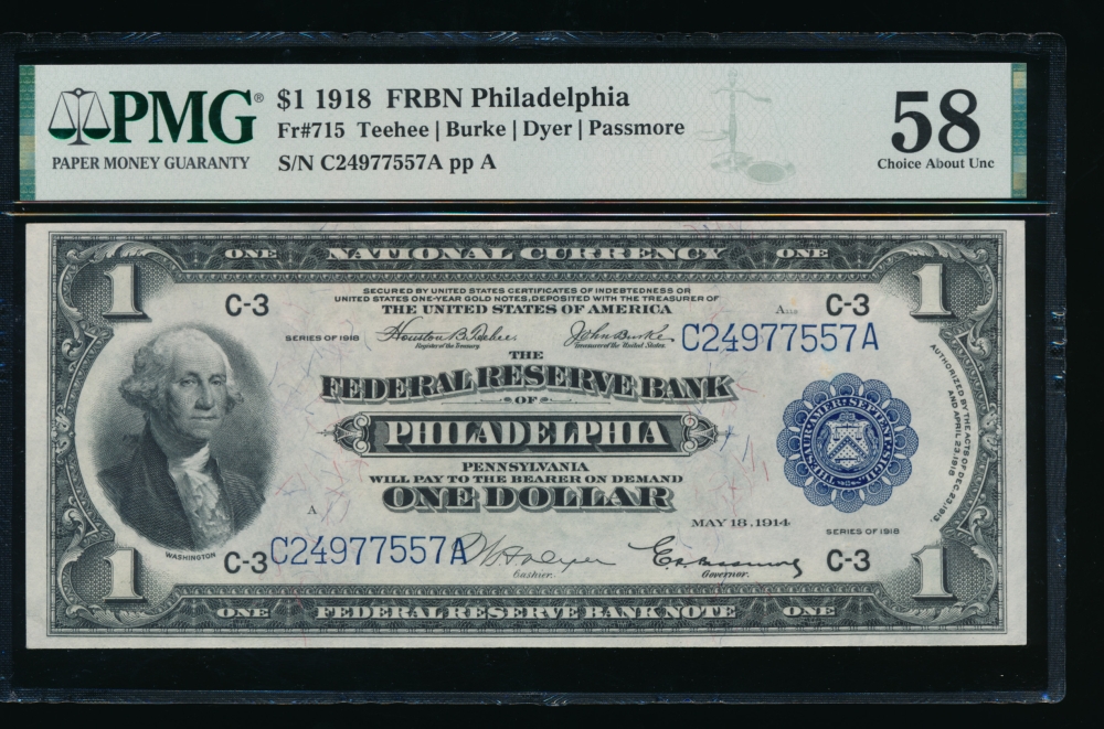 Fr. 715 1918 $1  FRBN Philadelphia PMG 58 C24977557A