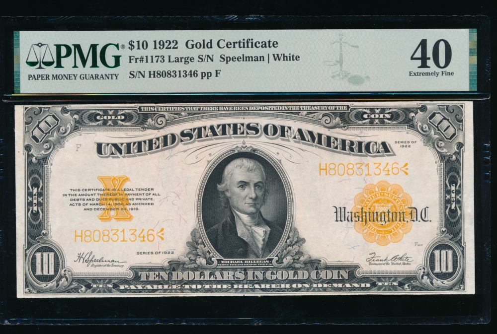 Fr. 1173 1922 $10  Gold Certificate  PMG 40 H80831346