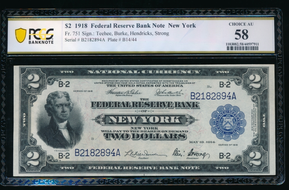 Fr. 751 1918 $2  FRBN New York PCGS 58 B2182894A