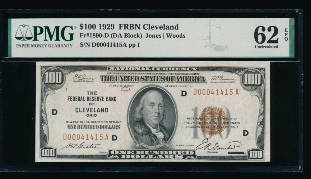 Fr. 1890-D 1929 $100  FRBN Cleveland PMG 62EPQ D00041415A