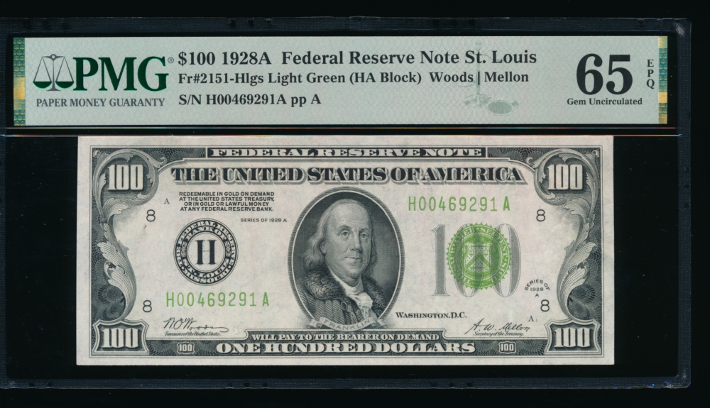 Fr. 2151-H 1928A $100  Federal Reserve Note Saint Louis LGS PMG 65EPQ H00469291A