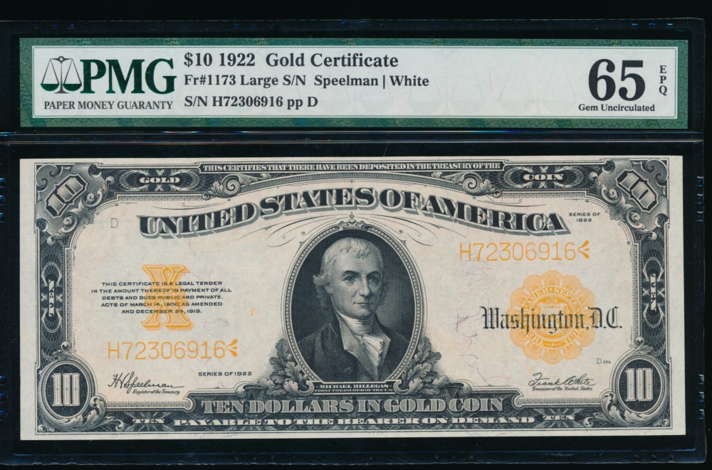 Fr. 1173 1922 $10  Gold Certificate  PMG 65EPQ H72306916