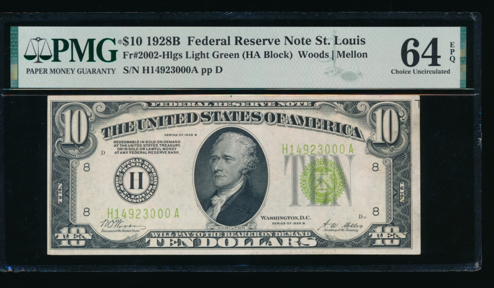 Fr. 2002-H 1928B $10  Federal Reserve Note Saint Louis LGS PMG 64EPQ H14923000A