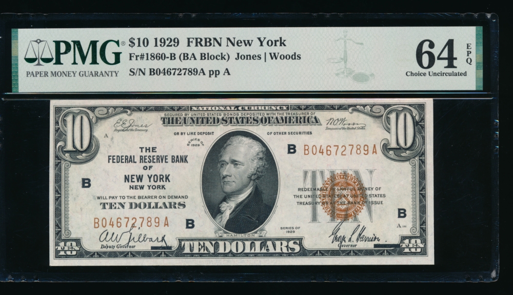 Fr. 1860-B 1929 $10  FRBN New York PMG 64EPQ B04672789A