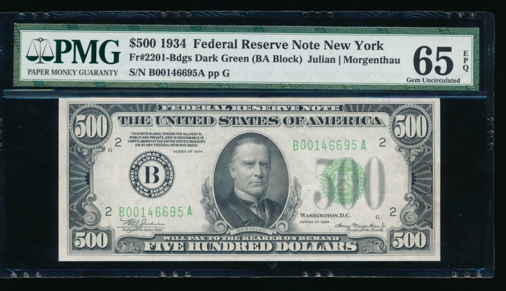 Fr. 2201-B 1934 $500  Federal Reserve Note New York PMG 65EPQ B00146695A