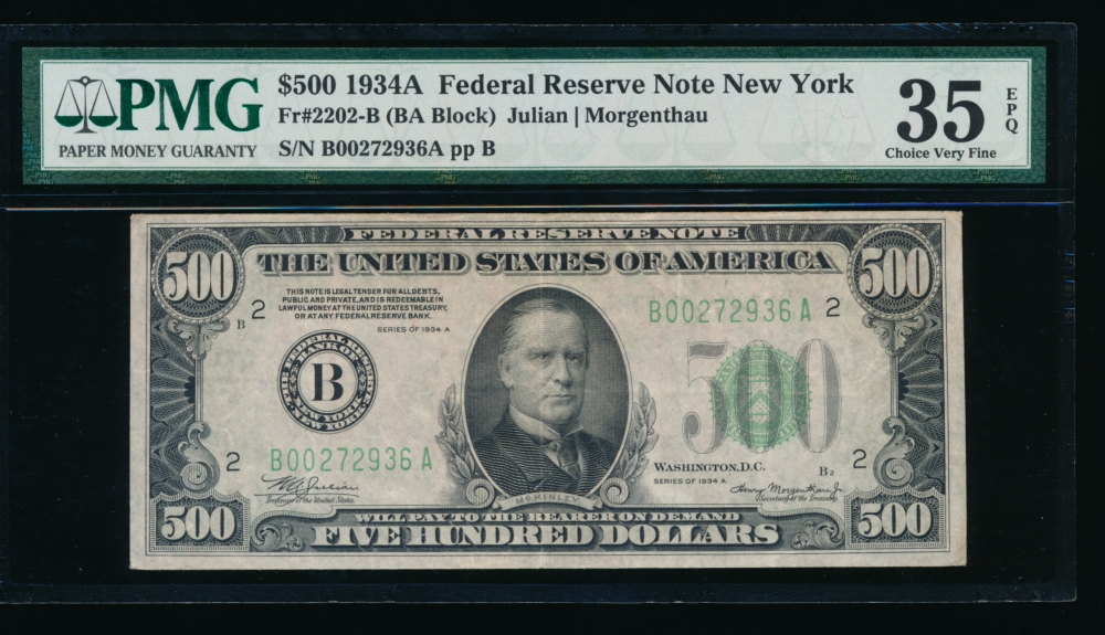 Fr. 2202-B 1934A $500  Federal Reserve Note New York PMG 35EPQ B00272936A