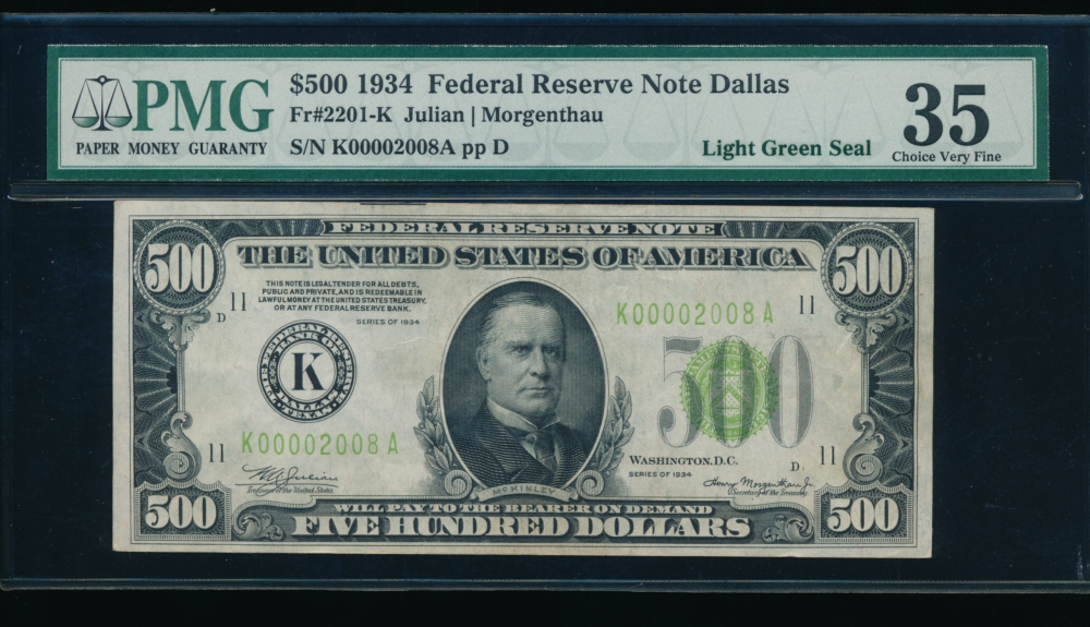 Fr. 2201-K 1934 $500  Federal Reserve Note Dallas LGS PMG 35 K00002008A