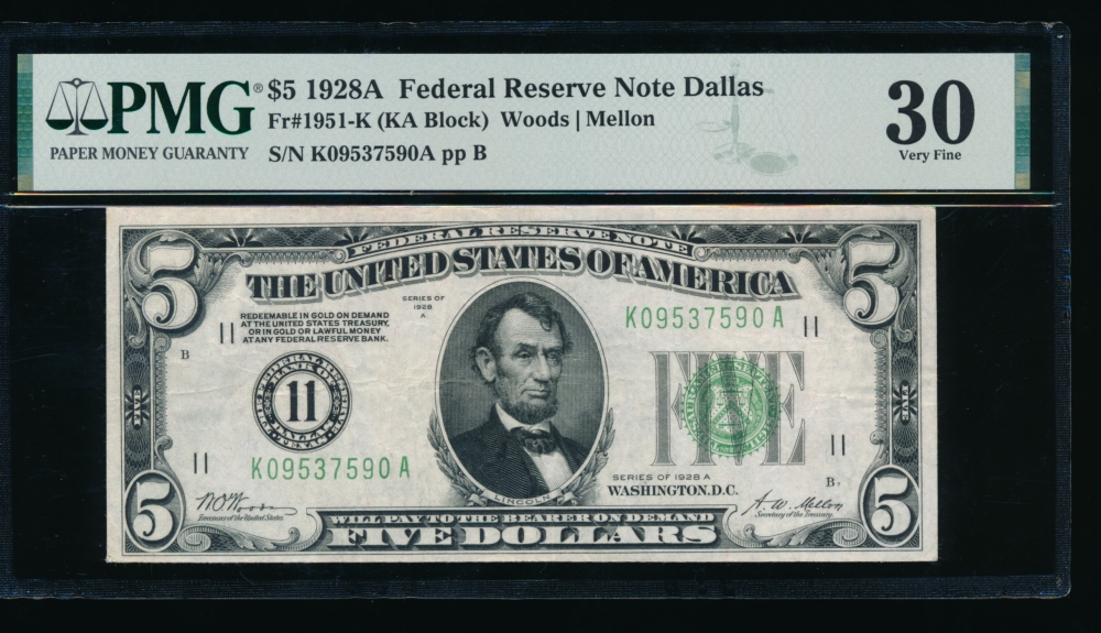 Fr. 1951-K 1928A $5  Federal Reserve Note Dallas PMG 30 K09537590A