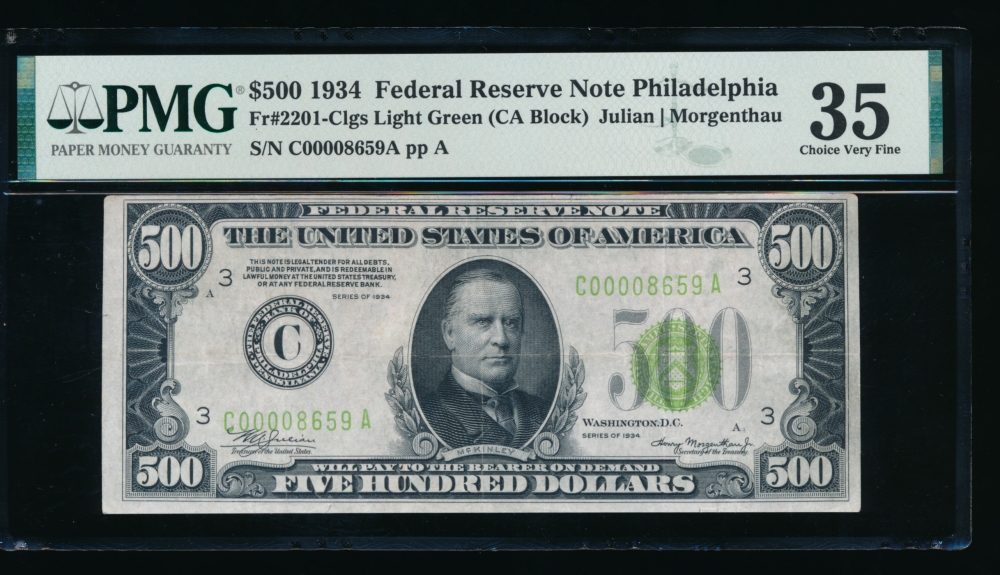 Fr. 2201-C 1934 $500  Federal Reserve Note Philadelphia LGS PMG 35 C00008659A
