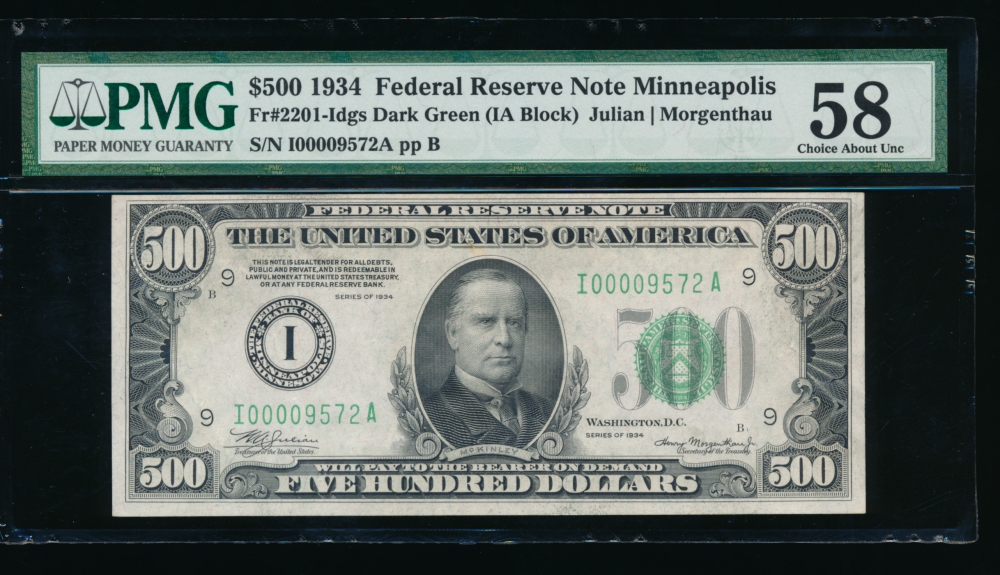 Fr. 2201-I 1934 $500  Federal Reserve Note Minneapolis PMG 58 I00009572A obverse