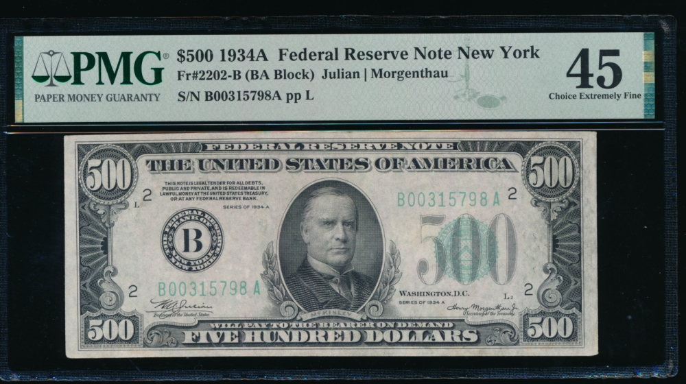 Fr. 2202-B 1934A $500  Federal Reserve Note New York PMG 45 B00315798A