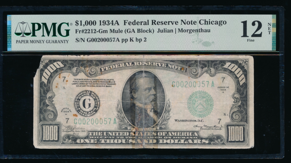 Fr. 2212-G 1934A $1,000  Federal Reserve Note Chicago PMG 12NET G00200057A